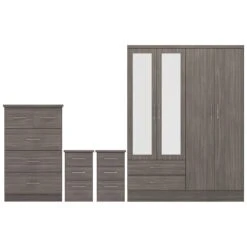Nevada Black Wood Grain 4 Door 2 Drawer Mirrored Wardrobe Bedroom Set