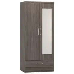 Nevada Black Wood Grain Mirrored 2 Door 1 Drawer Wardrobe