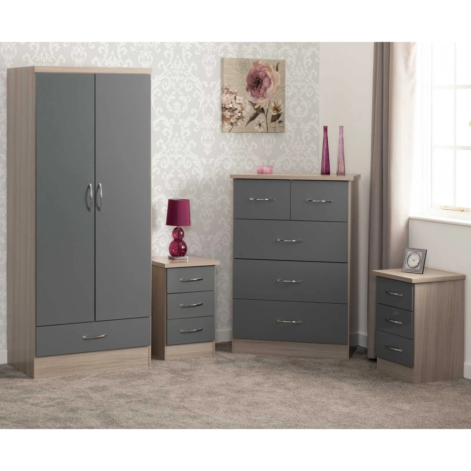 Nevada Grey Gloss & Light Oak 2 Door 1 Drawer Wardrobe Bedroom Set 4 Nevada Grey Gloss & Light Oak 2 Door 1 Drawer Wardrobe Bedroom Set - Image 2