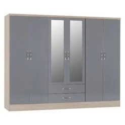 Nevada Grey Gloss & Light Oak 6 Door 2 Drawer Mirrored Wardrobe