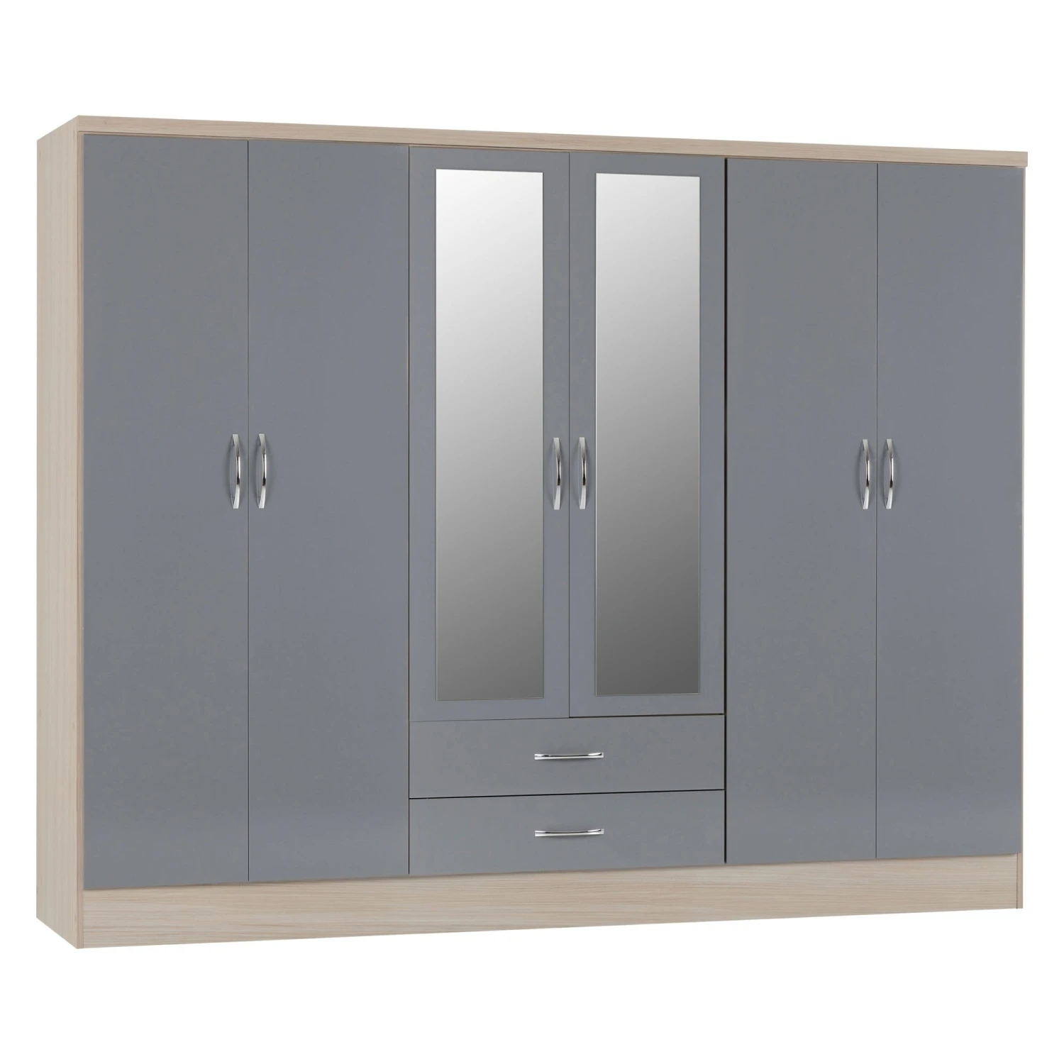 Nevada Grey Gloss & Light Oak 6 Door 2 Drawer Mirrored Wardrobe 3 Nevada Grey Gloss & Light Oak 6 Door 2 Drawer Mirrored Wardrobe