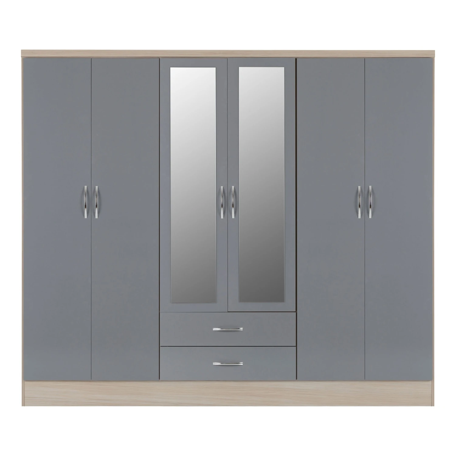 Nevada Grey Gloss & Light Oak 6 Door 2 Drawer Mirrored Wardrobe 4 Nevada Grey Gloss & Light Oak 6 Door 2 Drawer Mirrored Wardrobe - Image 2