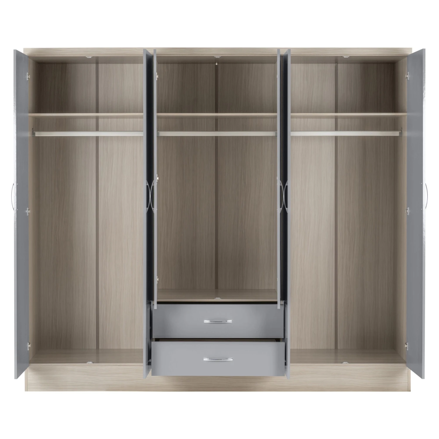 Nevada Grey Gloss & Light Oak 6 Door 2 Drawer Mirrored Wardrobe 5 Nevada Grey Gloss & Light Oak 6 Door 2 Drawer Mirrored Wardrobe - Image 3
