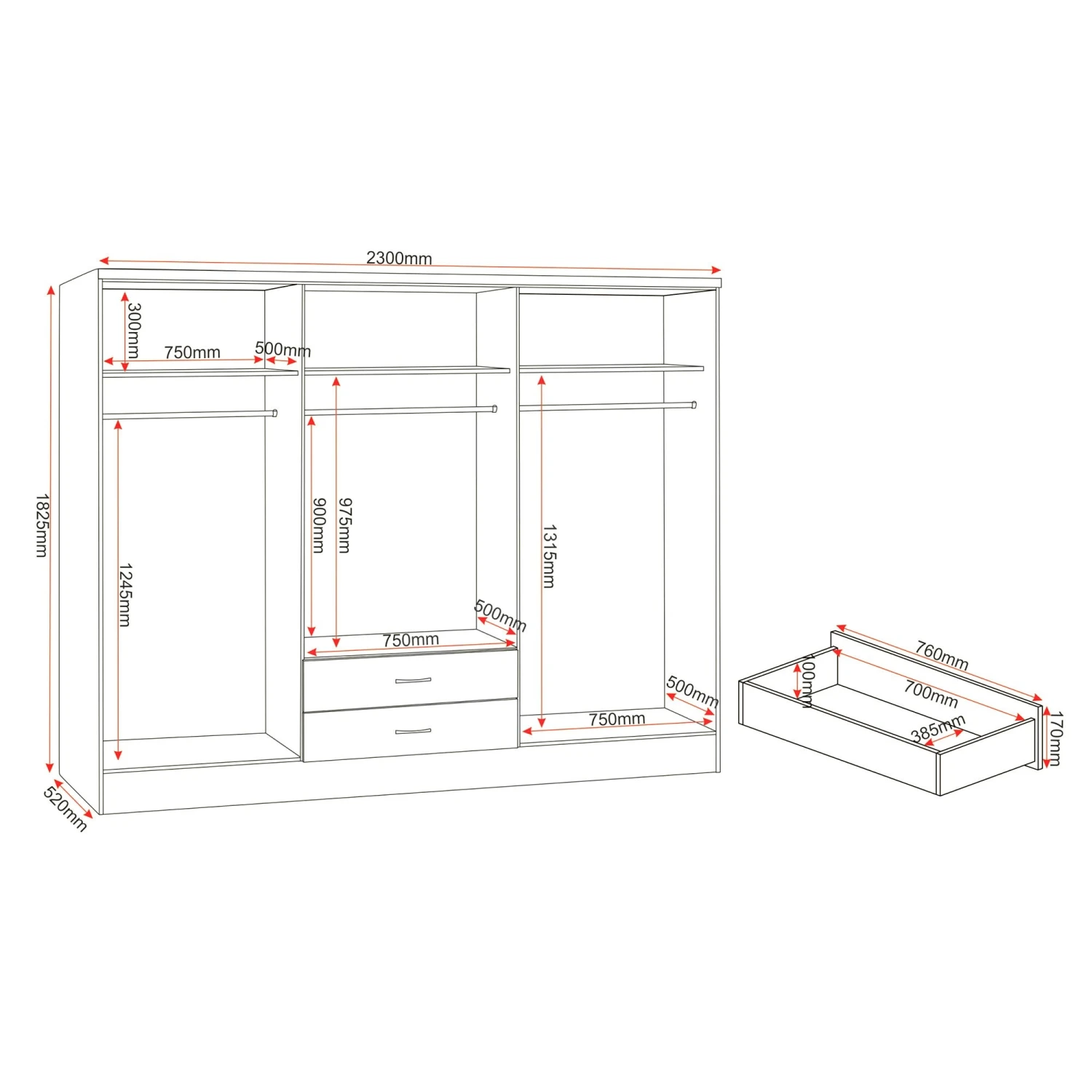 Nevada Grey Gloss & Light Oak 6 Door 2 Drawer Mirrored Wardrobe 9 Nevada Grey Gloss & Light Oak 6 Door 2 Drawer Mirrored Wardrobe - Image 7