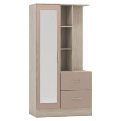 Nevada Oyster Gloss/Light Oak Effect Veneer Mirrored Open Shelf Wardrobe